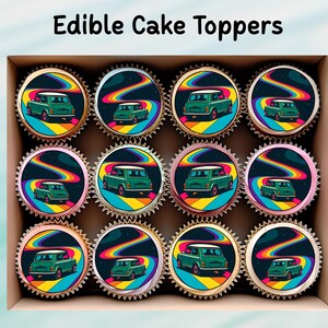 Adornos comestibles para cupcakes Mini Cooper de 30 x 5 cm (oblea precortada, cartulina o lámina de glaseado). Ideales para cupcakes, galletas, pasteles y cumpleaños.