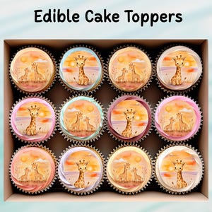 Adornos comestibles para cupcakes con forma de jirafa, 30 x 5 cm (12 x 2 pulgadas), precortados en oblea, cartulina o lámina de glaseado, ideales para cumpleaños, cupcakes, galletas y pasteles.