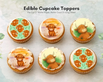 Highland Cow Cupcake Toppers - Edible Cake Decorations (Wafer Paper, Card, Icing Sheet)