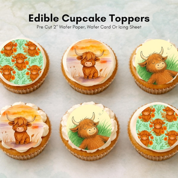 Topper per cupcake a forma di mucca delle Highlands - Decorazioni per torte commestibili (ostia, cartoncino, glassa)