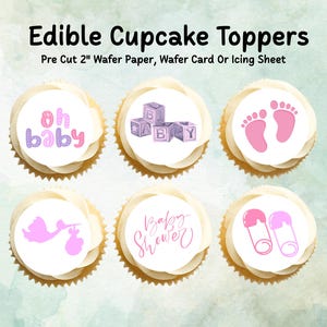 Pink Baby Shower Edible Cupcake Toppers 12 x 2&quot; – Pre cut Wafer Paper, Card or Icing Sheet, Cupcakes, New Baby Girl Cake Decoration