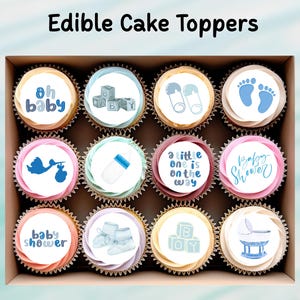 12 essbare 5 cm Cupcake Toppers - vorgeschnittene Oblate Papier, Karte oder Zuckerguss-Bogen, Cupcakes, Kekse, Kuchen, New Baby Shower