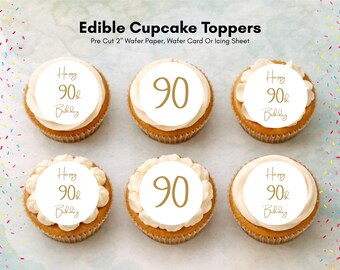90th Birthday Edible Cupcake Toppers – Precut 12 x 2 inch (Wafer Paper, Card or Icing Sheet)
