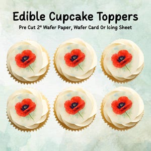 Rote Mohnblumen essbare Cupcake-Topper 30 x 5 cm - Essbare Kuchendekorationen aus Oblatenpapier, Karte oder Zuckerguss
