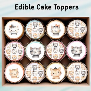 Adornos comestibles para cupcakes con gatitos, 30 x 5 cm (12 x 2 pulgadas), precortados en oblea, cartulina o lámina de glaseado, para cumpleaños, cupcakes, galletas y pasteles.