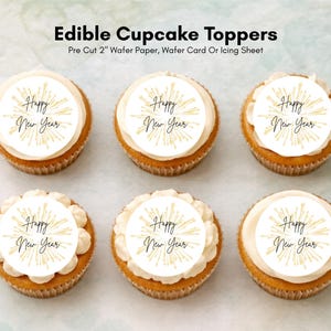 Jadalne ozdoby na babeczki z okazji Nowego Roku – wstępnie wycięte, 2 cale (papier opłatkowy, karton, folia do lukru)