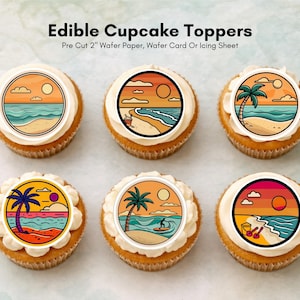 Tropical Beach Edible Cupcake Toppers – Coastal Cake Images
