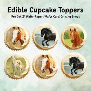 Horse Edible Cupcake Toppers 12 x 2&quot;– Pre cut Wafer Paper, Card or Icing Sheet, Pony Birthday Cake Images, Horse Decoration