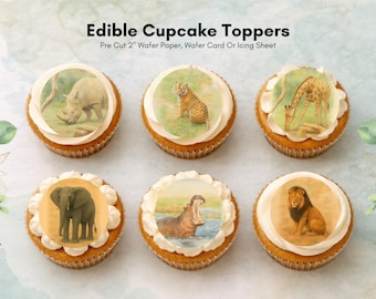 Può includere: Sei cupcake con decorazioni commestibili raffiguranti vari animali della savana: un rinoceronte, una tigre, una giraffa, un elefante, un ippopotamo e un leone. I cupcake sono decorati con glassa bianca e il testo "Edible Cupcake Toppers".