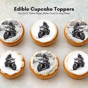 Motorbike Edible Cupcake Toppers 12 x 2" Precut Wafer Paper, Card or Icing Sheet