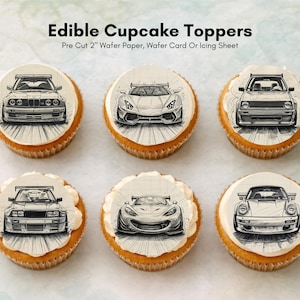 Toppers comestíveis para cupcakes com tema de carros esportivos – pré-cortados em 5 cm (papel de arroz, cartão ou glacê)