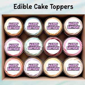 Happy Birthday eetbare cupcaketoppers 12 x 2"– voorgesneden wafelpapier, kaart of glazuur, cupcakes, koekjes, cake