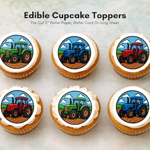 Toppers comestíveis de trator para cupcakes – Decoração de bolo de aniversário pré-cortada de 5 cm (2") com tema de fazenda
