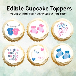 Décorations roses et bleues pour cupcakes pour baby shower 30 x 5 cm - Gaufrette prédécoupée, papier cartonné ou feuille de glaçage, décoration de gâteau révélatrice de sexe