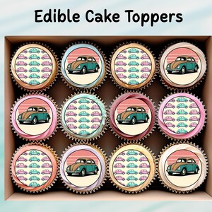 VW kever eetbare cupcaketoppers 12 x 2"– voorgesneden wafelpapier, kaart of glazuur, cupcakes, koekjes, cake, verjaardag