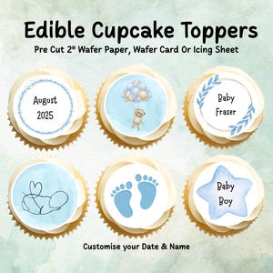 Blue Baby Shower Edible Cupcake Toppers 12 x 2&quot; – Personalised Pre cut Wafer Paper, Card or Icing Sheet, Customisable Cake Decoration