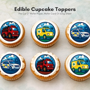 Emergency Vehicle Edible Cupcake Toppers – Fire Engine, Ambulance, Police Car (2" Pre-cut)
