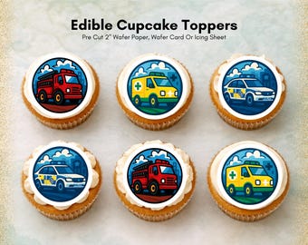 Emergency Vehicle Edible Cupcake Toppers – Fire Engine, Ambulance, Police Car (12 x 2" Pre-cut)