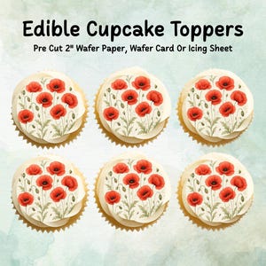 Rote Mohnblumen essbare Cupcake-Topper 30 x 5 cm - Essbare Kuchendekorationen aus Oblatenpapier, Karte oder Zuckerguss