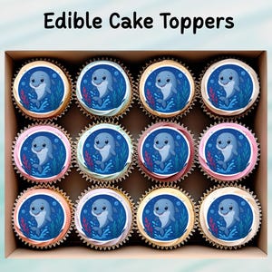 Adornos comestibles para cupcakes con forma de delfín, 30 x 5 cm (12 x 2 pulgadas), precortados en oblea, cartulina o lámina de glaseado. Ideales para cumpleaños, cupcakes, galletas, pasteles y bajo el mar.
