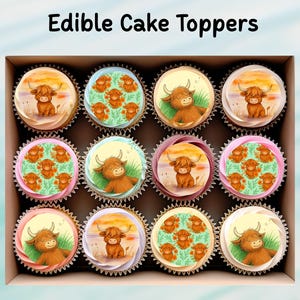 12 x eetbare cupcaketoppers van 2 inch – voorgesneden wafelpapier, kaart of glazuur, cupcakes, koekjes, cake, verjaardag, hooglandkoe