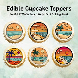 Tropical Beach Edible Cupcake Toppers 12 x 2" – Pre cut Wafer Paper, Card or Icing Sheet, Surf & Sunset Coastal Cake Images