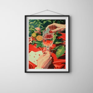 Herz Ass Cocktail Art Print - Surreale Vintage Wandkunst, Retro Glam Drink Poster mit Spielkarten und Zitrusfrüchten, Stimmungsvolles Obst Küchendeko
