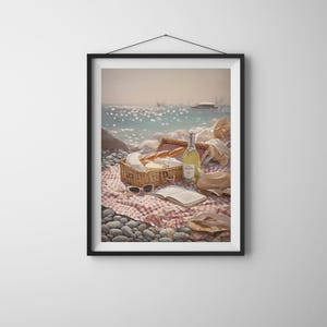 Póster imprimible de picnic costero / Póster de vino y queso de playa, decoración romántica de pared de verano para cocina, dormitorio, galería, descarga digital