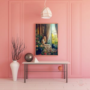 Decorazione murale romantica vintage, donna elegante con gatti neri e rose, stampabile con estetica soft fantasy per stanze in stile cottagecore