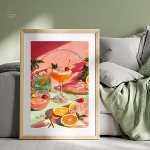 Arte murale "Fizzy & Avoidant" - Poster stampabile retrò per cocktail analcolici, decorazione umoristica divertente sulla salute mentale, arte estetica pastello per bevande, ideale per cucina o ufficio