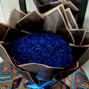 Handmade Blue Satin Rose Bouquet – Elegant Artificial Flower Arrangement for Gifts, Home Decor & Weddings