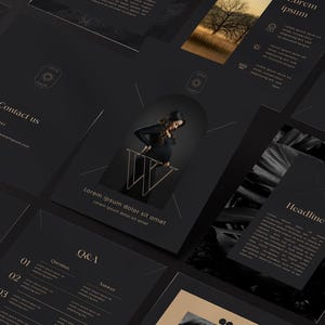 Puede incluir: Diseño oscuro y elegante con varios elementos. El diseño incluye una mujer con un vestido negro, texto que dice "Contact us", "Lorem ipsum dolor sit amet" y "Headline". La combinación de colores es principalmente negro y dorado.