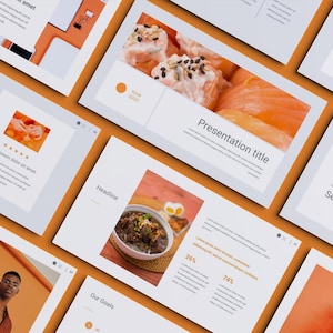 Peut inclure: Plusieurs diapositives de présentation avec un schéma de couleurs orange et blanc. Les diapositives présentent des images d'aliments, de personnes et de graphiques. Le texte comprend "Presentation title", "Headline", "Our Goals" et "Section name".