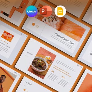May include: A collection of presentation slides with an orange and white color scheme. The slides feature images of food, people, and graphics. The Canva, PowerPoint, and Google Slides logos are visible. Text includes "Presentation title", "Headline", "Our Goals", and "Section name".