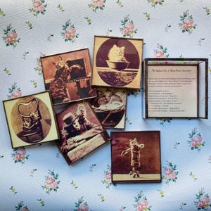 May include: A collection of vintage-style framed cat photographs in sepia tones. The images depict cats in various poses, including one in a bowl and another standing upright. The frames have a rustic, aged appearance, and the background is a floral pattern.