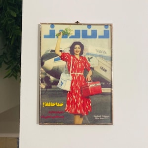 Op de afbeelding: Ingelijste vintage magazinecover met een vrouw in een rode jurk, met bloemen en bagage, met een vliegtuig op de achtergrond. De magazinecover heeft tekst in een vreemde taal en is ingelijst in een goudkleurige metalen lijst.