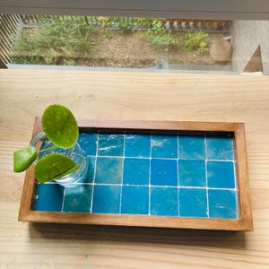 Op de afbeelding: Een rechthoekige houten dienblad met een mozaïektegelontwerp in blauwtinten. Een kleine glazen pot met een groene plant staat op de dienblad. De dienblad staat op een lichtgekleurd houten oppervlak, bij een raam.