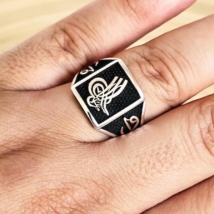 Men&#39;s Sterling Silver Ottoman Tughra Ring, Historical Emblem Jewelry, Handmade Signet