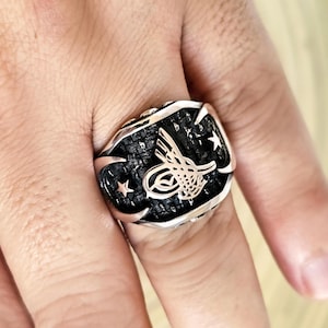 Mens Ottoman Tugra Ring Sterling Silver Sultan Signet Crescent Star