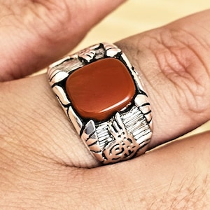 Mens Red Agate Ring Sterling Silver Carnelian Stone Signet