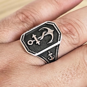 Anchor & Ship Wheel Ring, Square Black Top, Nautical Symbols, 925 Silver Men’s Signet