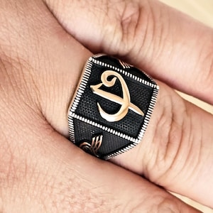 Mens Elif Vav Ring Side Tugra Gold Accent Sterling Silver