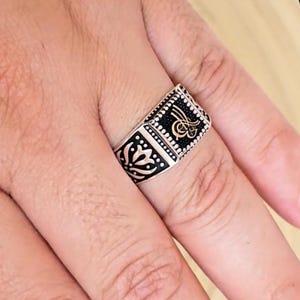 Ottoman Tughra Ring , Men&#39;s Gold Color Inlay Silver Ring , Islamic Calligraphy Jewelry, 925 Sterling Silver, Turkish Rings