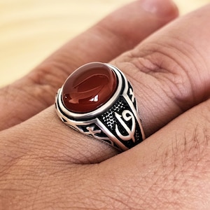 Men&#39;s Sterling Silver Agate Ring with Ottoman Tughra and Elif Vav Side Motifs