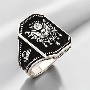 Ottoman Emblem Ring, Elif & Ottoman Tughra Symbols, 925 Sterling Silver,  Men’s Heritage Ring