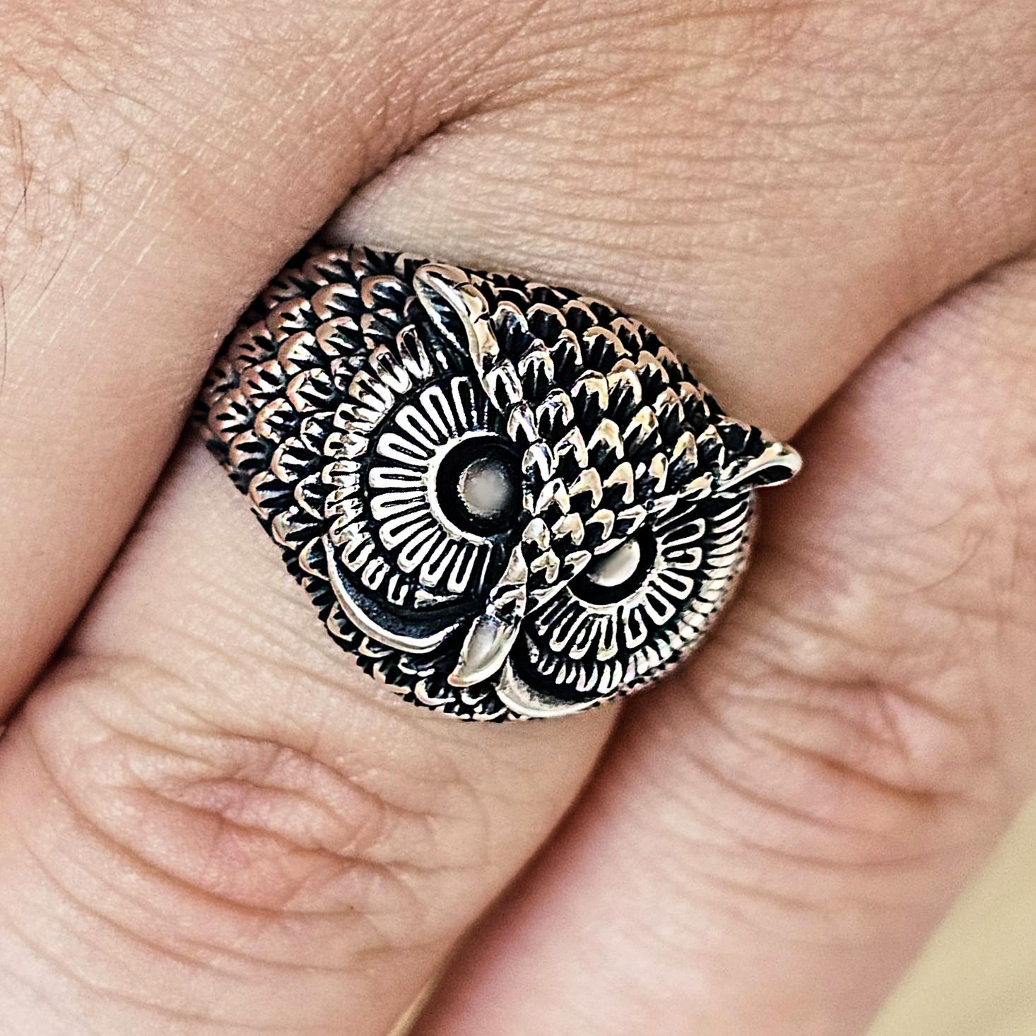 Owl Silver Ring, Men's Wisdom Animal Ring, Handmade Oxidized Jewelry