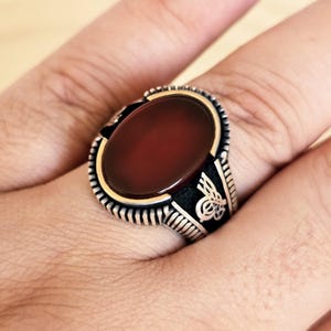 Men&#39;s Sterling Silver Red Agate Ring with Ottoman Tughra Sides