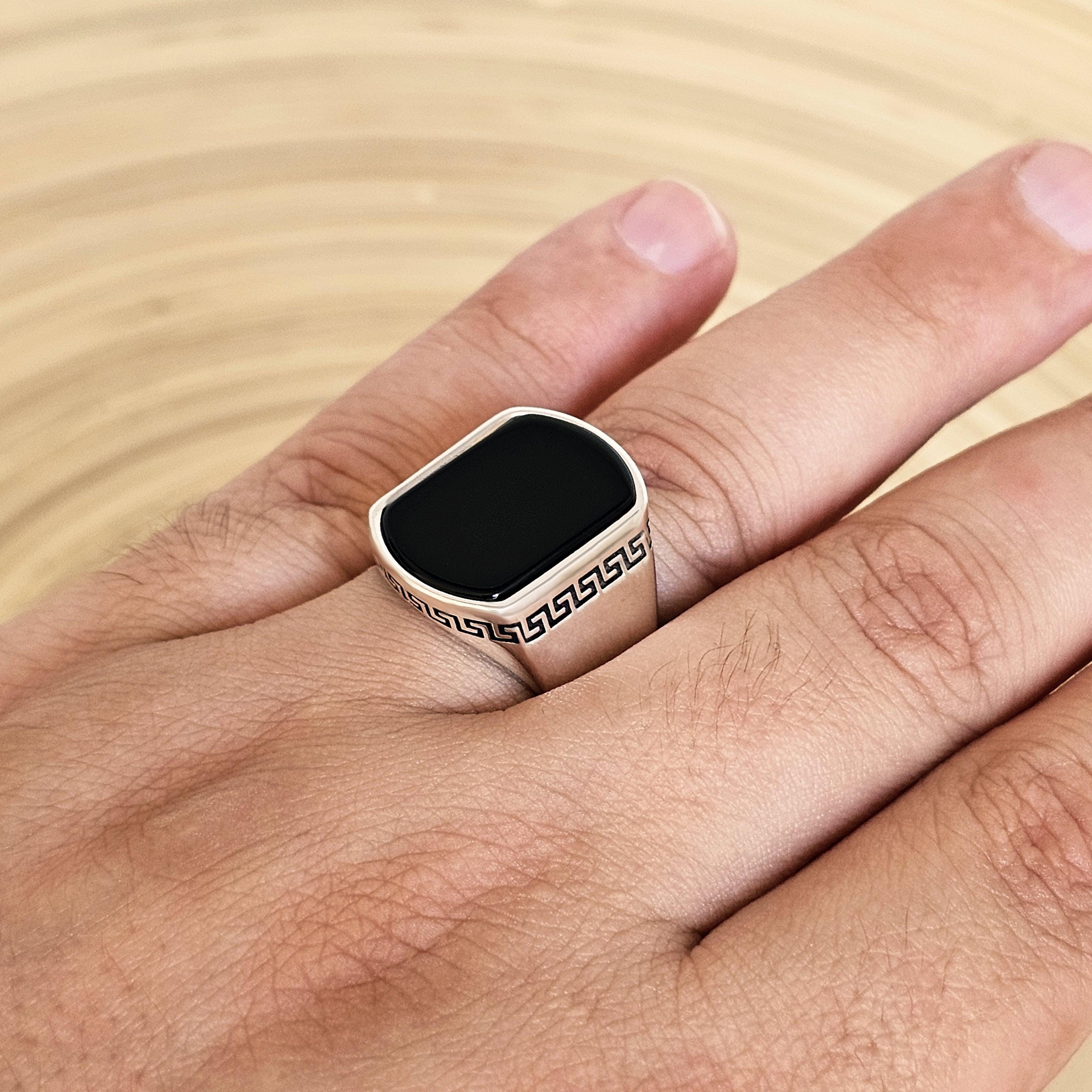 Men's Sterling Silver Rectangular Black Onyx Signet Ring With