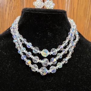 Vintage 3 Strand Aurora Borealis Necklace with Matching clip earrings