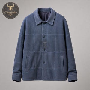 Mens Blue Suede Leather Jacket, Minimalist Button Up Jacket, Classic Casual Outerwear, Handmade Leather Coat, Modern Streetwear Jacket